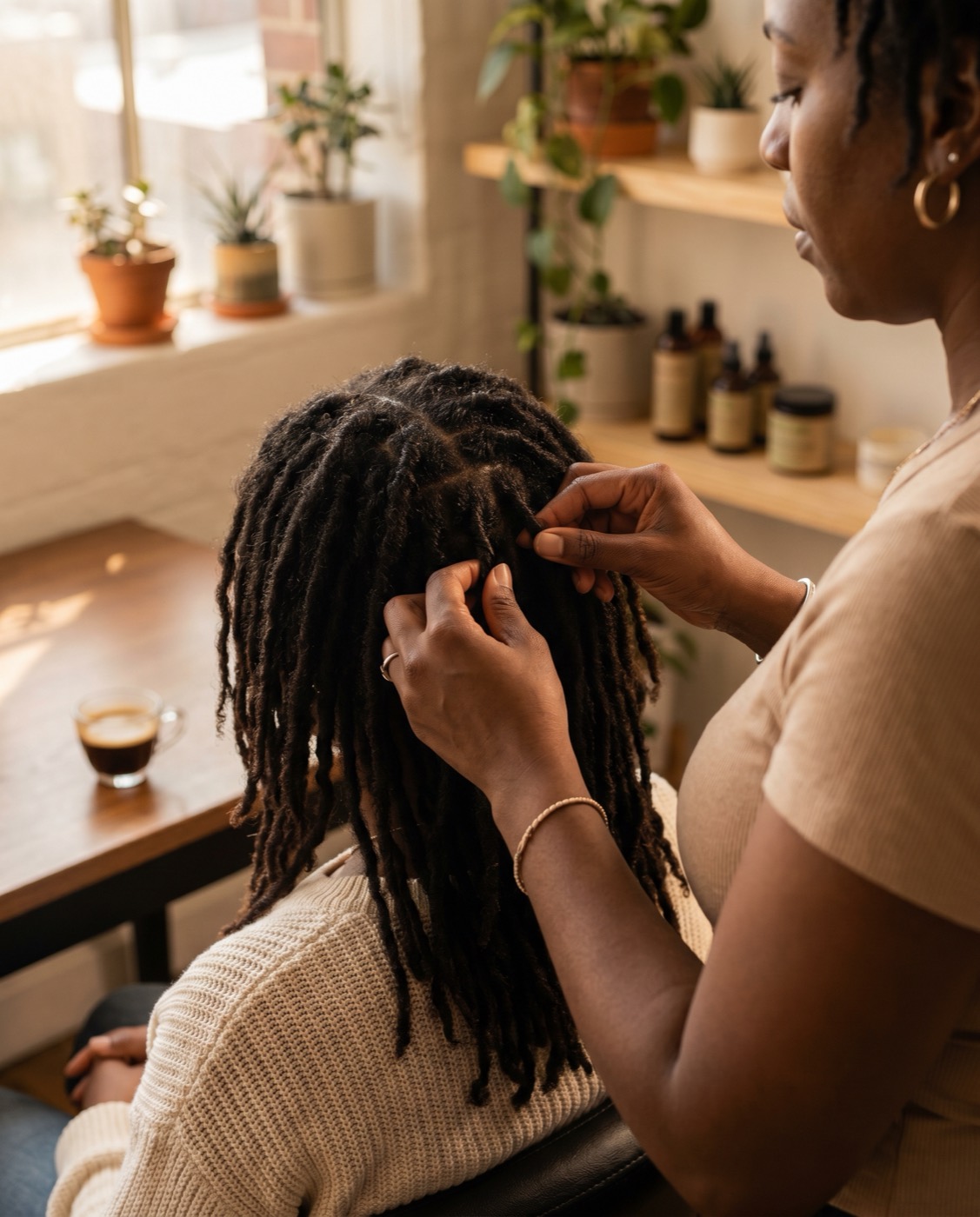 Noelette carefully retwisting a client's locs at Kinkology
